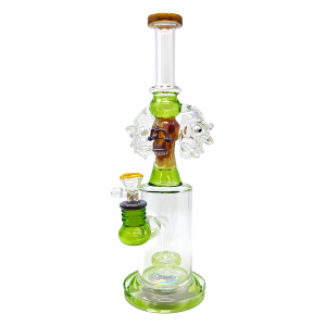 13" TATAOO Glass Showerhead Perc Skull Face Recycler Water Pipe Rig (Green) - [C21G]